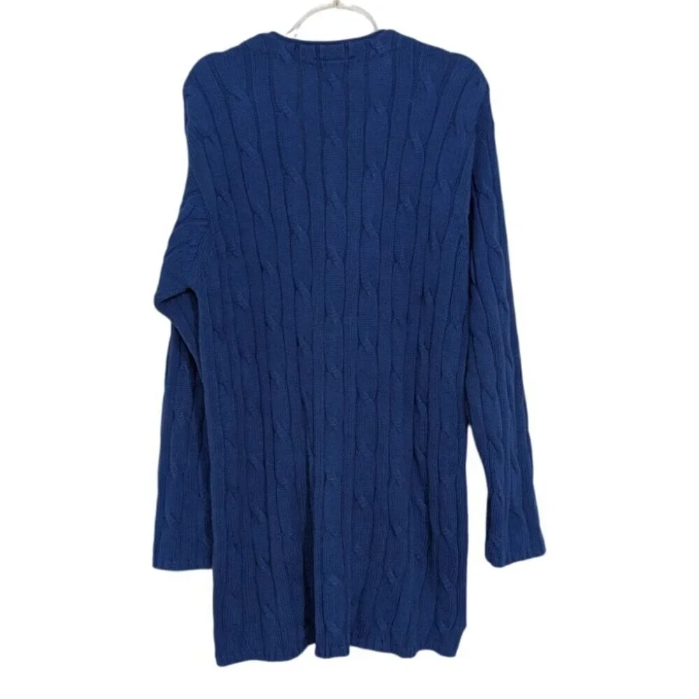 Talbots Cable Knit Cardigan Womens Size Medium Blue 100% Cotton V Neck Sweater